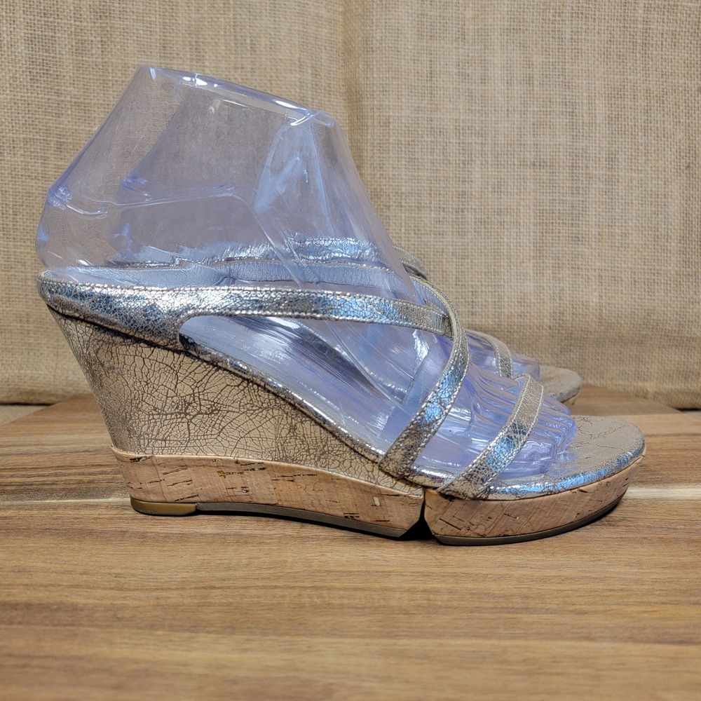 Donna Karan Metallic Wedge Sandals Strappy Silver Cork Heel Women's EU 37 US 6.5